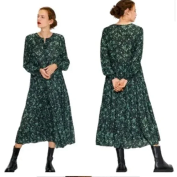 ZARA THE ANGEL DRESS FLORAL MIDI IN GREEN/BLACK Sz. XS - Picture 3 of 6